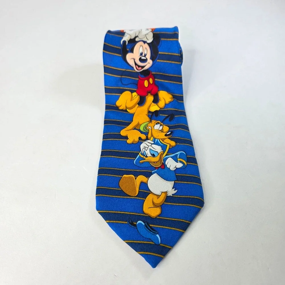 Walt Disney World Vintage Silk Tie Mickey Mouse Goofy Pluto Donald Duck Blue
